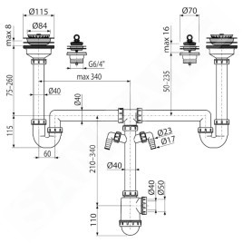 Alcadrain Siphons - Siphon pour deux éviers, universel, avec 2 raccords, plastique A8000