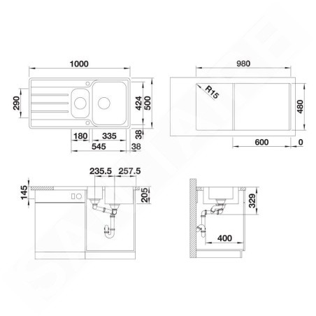 Blanco Lemis 6 - Évier, 1000x500 mm, avec commande du vidage, inox brossé 523033