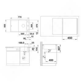 Blanco Axia III 45 - Évier en silgranit, 770x500 mm, avec commande de vidage et accessoires, InFino, gris rocher 523200