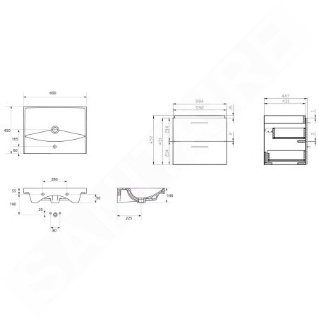 Cersanit Lara - Meuble avec lavabo, 45x59x45 cm, 2 tiroirs, blanc S801-142-DSM