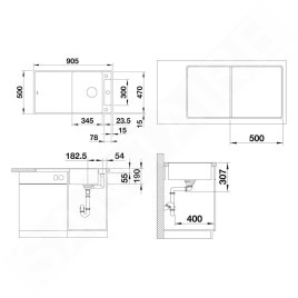 Blanco Axia III 5 - Évier en silgranit, 905x500 mm, avec commande de vidage et accessoires, InFino, blanc 523234