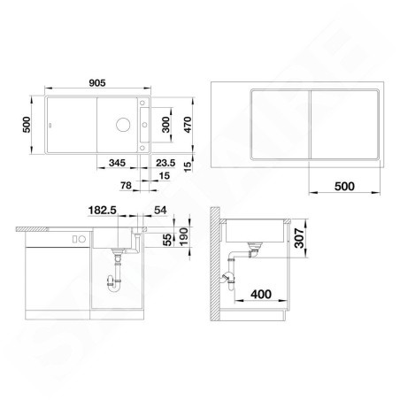 Blanco Axia III 5 - Évier en silgranit, 905x500 mm, avec commande de vidage et accessoires, InFino, blanc 523234