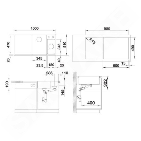 Blanco AXIA III 6 S - Évier en silgranit 1000x510 mm, avec commande de vidage et accessoires, InFino, anthracite 523462