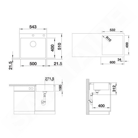 Blanco Subline 500 - Évier en silgranit, 543x510 mm, avec commande de vidage, SteelFrame, InFino, blanc 524112