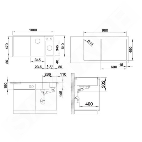 Blanco Axia III 6 - Évier en silgranit 1000x510 mm, avec commande de vidage et accessoires, InFino, blanc 524647