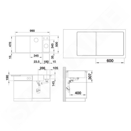 Blanco Axia III 6 - Évier en silgranit, 990x500 mm, avec commande de vidage et accessoires, InFino, anthracite 524663