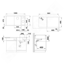 Blanco Axia III 6 - Évier en silgranit 1000x510 mm, avec commande de vidage et accessoires, InFino, blanc doux 527043