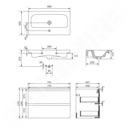 Cersanit Moduo - Meuble avec lavabo, 57x80x45 cm, 2 tiroirs, anthracite S801-484