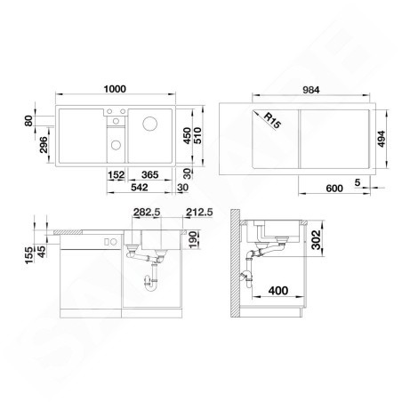 Blanco Collectis 6 - Évier en silgranit 1000x510 mm, avec commande de vidage et accessoires, InFino, gris 527241