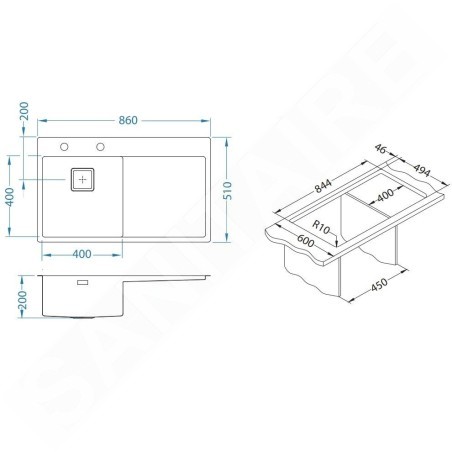 Alveus Stylux - Évier 860x510 mm, avec commande de vidage, bac à droite, inox 1084294