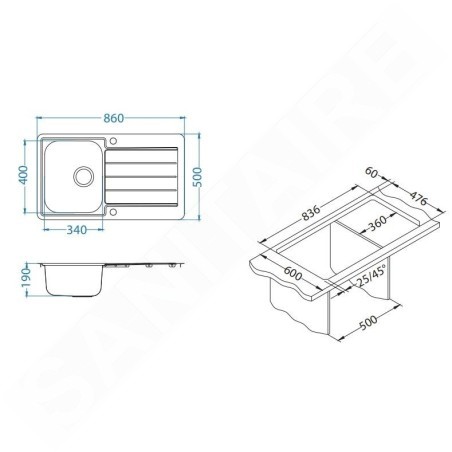Alveus Line Maxim - Évier 860x500 mm, avec commande du vidage, inox 1085945
