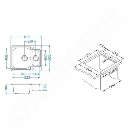 Alveus Line Maxim - Évier 615x500 mm, avec commande du vidage, inox 1085946