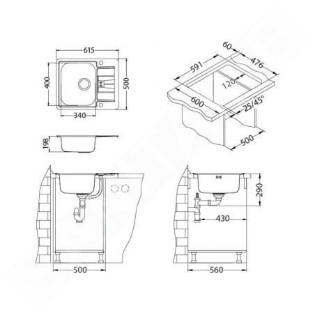 Alveus Line Maxim - Évier 615x500 mm, avec commande du vidage, inox 1085947