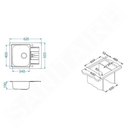 Alveus Line Maxim - Évier 620x505 mm, avec commande du vidage, inox 1085959