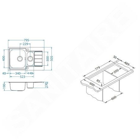 Alveus Line Maxim - Évier 795x505 mm, avec commande du vidage, inox 1085960