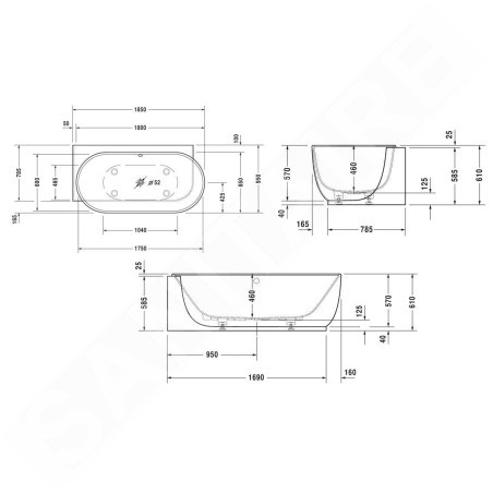 Duravit Luv - Baignoire 1850x950 mm, gauche, DuraSolid, blanc 700431000000000