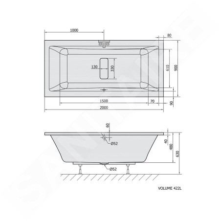 Polysan Baignoires - Baignoire rectangulaire MARLENE, 2000x900x480 mm, blanche 78731