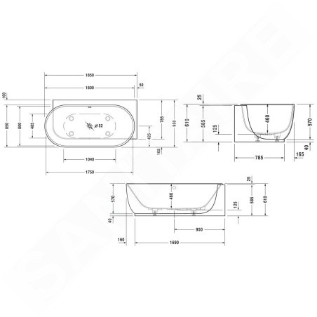 Duravit Luv - Baignoire 1850x950 mm, droite, DuraSolid, blanc 700432000000000