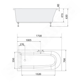 Polysan Baignoires - Baignoire rectangulaire LISA 1700 x 700 x 470 mm, blanc 87111