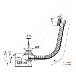 Alcadrain Garnitures de vidage - Kit vidange et trop-plein pour baignoire, longueur 800 mm, chromé A55K-80