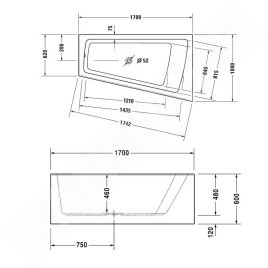 Duravit Paiova - Baignoire asymétrique, 1700x1000 mm, avec panneau, droite, blanc 700265000000000
