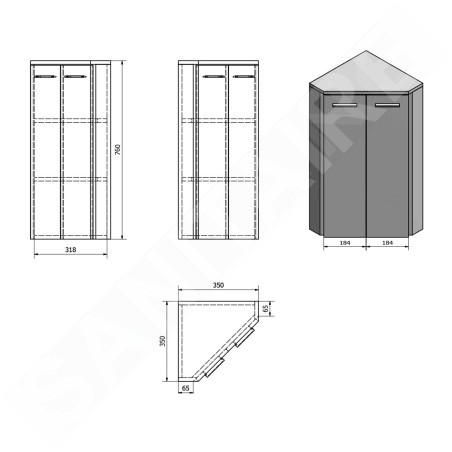 Aqualine Zoja - Armoire suspendue d'angle 350x760x350 mm, 1 porte, blanc 50331
