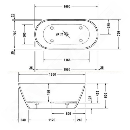 Duravit D-Neo - Baignoire îlot, 1600x750 mm, DuraSolid, ClickClack, blanc 700486000000000