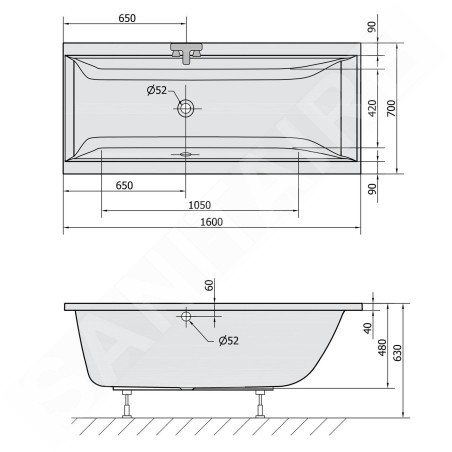 Polysan Baignoires - Baignoire rectangulaire CLEO, 1600 x 700 x 480 mm, blanc 73611