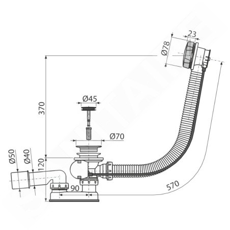 Alcadrain Garnitures de vidage - Garniture de vidage et trop-plein, longueur 570 mm, or poli A55K-G-P