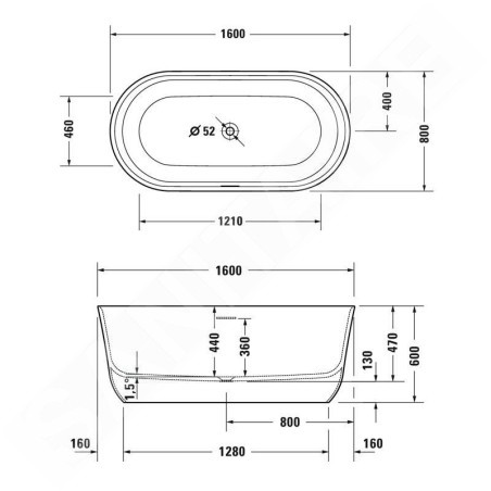 Duravit Soleil by Starck - Baignoire en îlot 1600x800 mm, DuraSolid, ClickClack, blanc 700516000000000