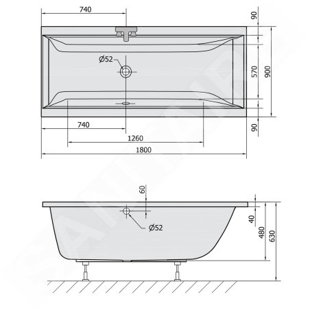 Polysan Baignoires - Baignoire rectangulaire CLEO, 1800 x 900 x 480 mm, blanc 13111