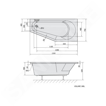 Polysan Baignoires - Baignoire asymétrique Tigra R, 1500 x 750 mm, Heavy Shell, blanc 72933
