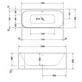 Duravit Happy D.2 - Baignoire 1800x800 mm, avec panneau, droite, blanc 700317000000000