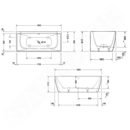 Duravit DuraSquare - Baignoire îlot, 1800x800 mm, DuraSolid, blanc 700429000000000