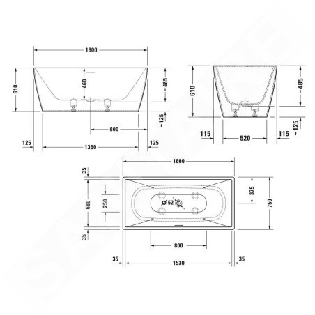 Duravit DuraSquare - Baignoire îlot, 1600x750 mm, DuraSolid, ClickClack, blanc 700460000000000