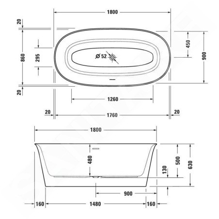 Duravit White Tulip - Baignoire îlot, 1800x900 mm, ClickClack, blanc 700469000000000
