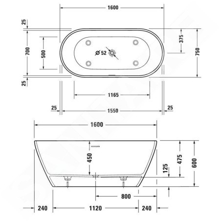 Duravit D-Neo - Baignoire îlot, 1600x750 mm, DuraSolid, ClickClack, blanc 700477000000000