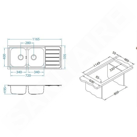 Alveus Line Maxim - Évier 1165x505 mm, avec commande du vidage, inox 1092001