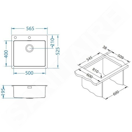Alveus Pure - Évier 565x525 mm, avec commande du vidage, inox 1122385
