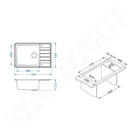 Alveus Praktik - Évier 790x500 mm, avec commande du vidage, inox 1122463