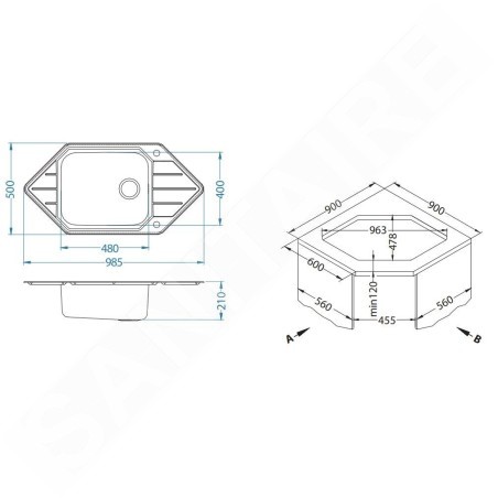 Alveus Praktik - Évier 985x500 mm, avec commande du vidage, inox 1122594
