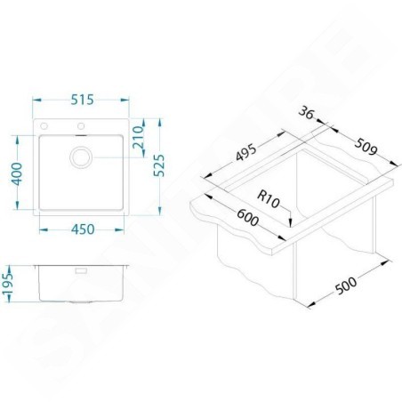 Alveus Pure Up - Évier 515x525 mm, avec commande du vidage, inox 1123787
