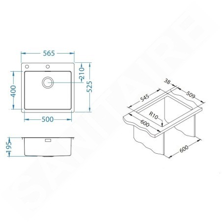 Alveus Pure Up - Évier 565x525 mm, avec commande du vidage, inox 1123788