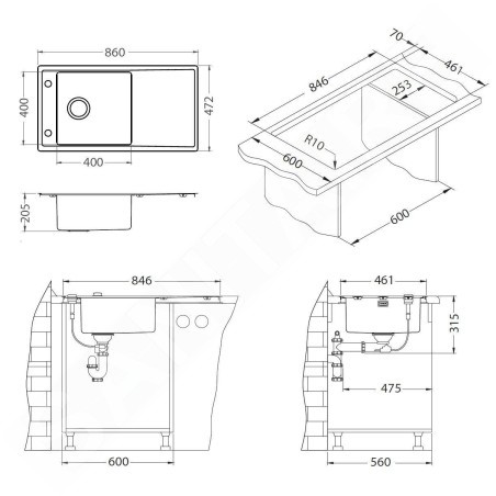 Alveus Stricto - Évier 860x472 mm, avec commande du vidage, inox 1124364