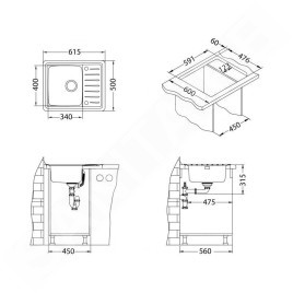 Alveus Galeo - Évier 615x500 mm, avec commande du vidage, inox 1128552