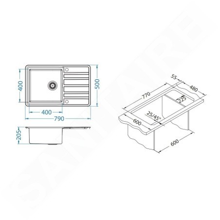 Alveus Rando Up - Évier 790x500 mm, avec commande du vidage, inox 1136609