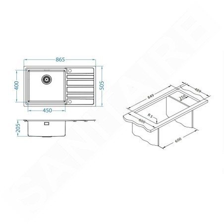 Alveus Rando Up - Évier 865x505 mm, avec commande du vidage, bac à droite, inox 1136610