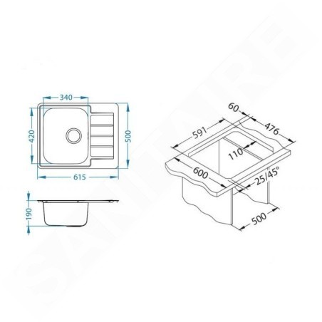 Alveus Line Max - Évier 615x500 mm, inox 1144603