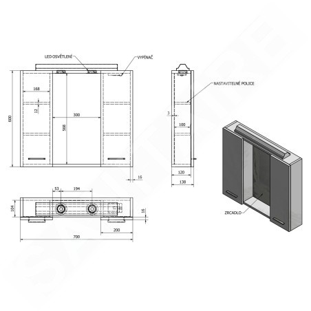 Aqualine Keramia Fresh - Armoire de toilette avec éclairage LED 700x600x140 mm, chêne platine 45029