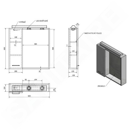 Aqualine Keramia Fresh - Galerie avec éclairage LED, 600x600x140 mm, gauche, chêne platine 45027